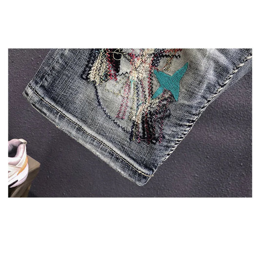 Bermuda Denim Shorts Men's Summer New Fashion Embroidery Patch Ripped Holeknee High Youth Streetwear Retro Short Jeans Male